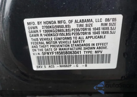 2005 Honda Pilot Ex-L z USA, uszkodzony, nr VIN 5FNYF18585B063041